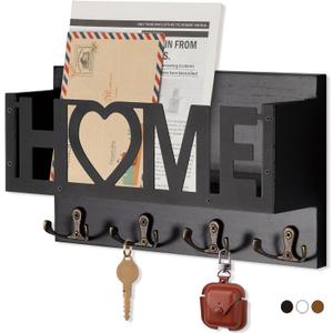 Wall Mount Mail and Key Holder, Wooden Mail Organizer with 4 Double Hooks, Black Metal Letters, Farmhouse Home Decor, Entryway Storage, 10.8 x 3.3 x 6.2 Inches