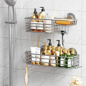 TAILI Shower Caddy Suction Cup 2 Pack with Hooks and Soap holder, Heavy Duty suction bath caddy, No Drilling -Metal Silver Storage Basket