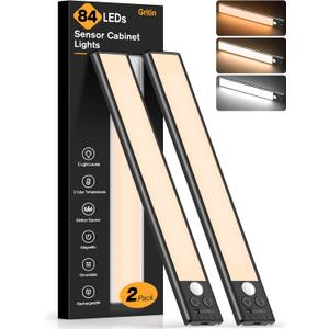 Gritin 10.2inch Under Cabinet Lighting Rechargeable 2 Pack- 3 Color Temps&5 Level Brightness, Super Bright, 4 Modes, Motion Sensor, Long Lasting - Easy Installation Magnetic Under Closet Lights-Black