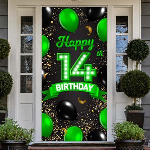 Happy 14th Birthday Green and Black Banner Backdrop Cheers to 14 Years Old Confetti Balloons Theme Decor for Girls 14 Years Old Birthday Party Decorations Bday Supplies Gift Background Favors Glitter