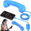 Retro Phone Handset, Retro Telephone Handsets Style Type-C Port, HD Retro Landline Handle Receiver for Home or Office Mobile Video Conferences, HD Calls, Volume Control, Plug and Play (Blue)