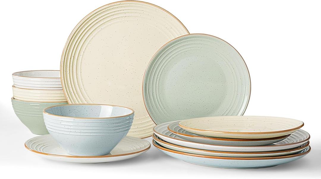 Famiware Jupiter 12-Piece Stoneware Dinnerware Set for 4, Handcrafted Plates and Bowls with Speckles & Embossed Swirls, Chip/Scratch Resistant, Microwave/Dishwasher Safe, Modern Dishes