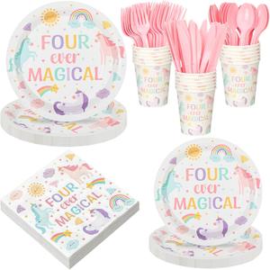 Rtteri 168 Pcs Unicorn 4th Birthday Party Tableware Magical Pastel Rainbow Unicorn Disposable Tableware Set with Plates Napkins Cups Knives Spoons Forks Happy Birthday Party Supplies Serves 24 Guests