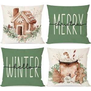 PANDICORN Merry Christmas Pillow Covers 18x18 Set of 4 Gingerbread House Hot Cocoa Decorations Green Neutral Christmas Decor Hello Winter Holiday Decorative Throw Pillow Cases for Home Bedroom Couch