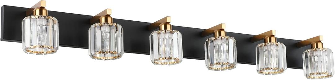 Aipsun Bathroom Light Fixtures Crystal Vanity Light Black and Gold 6 Lights Vanity Lighting Fixtures (Exclude Bulb) (49 inch)