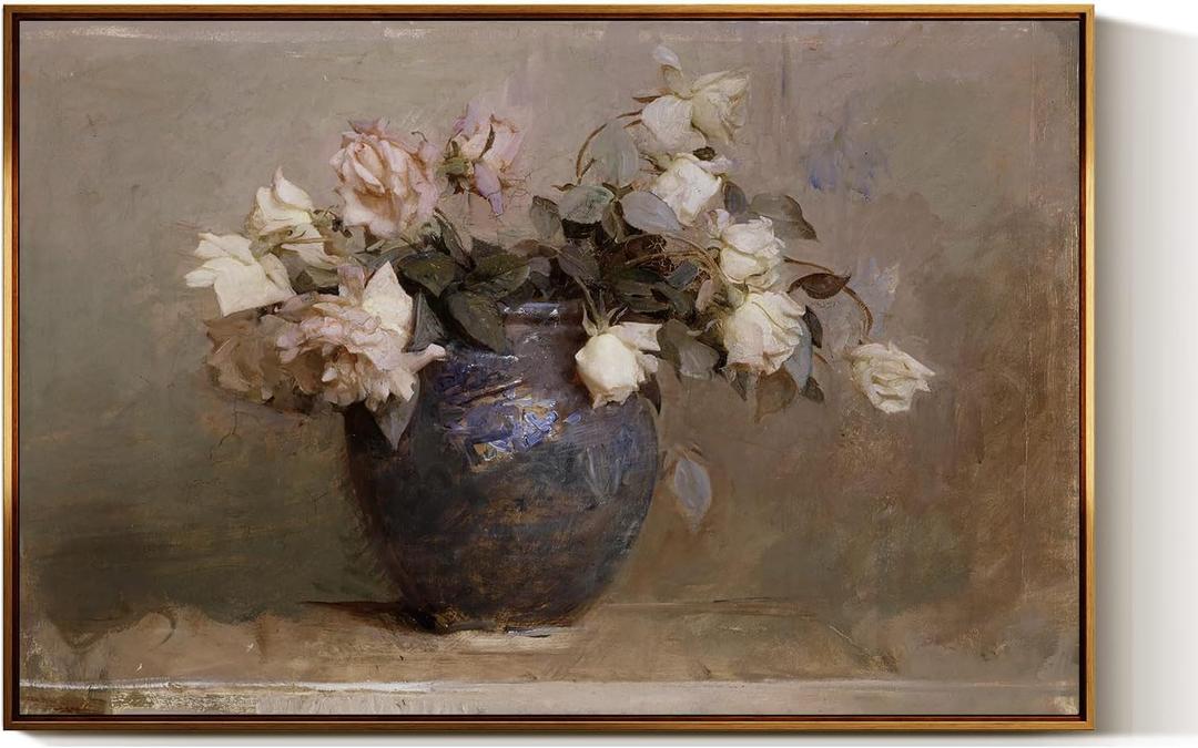InSimSea Golden Framed Vintage Canvas Wall Art Roses Flower Floral Painting Prints Still Life 24x36in, Moody Rustic Canvas Gallery Print, Neutral Colors Romantic Farmhouse Home Botanical Wall Decor