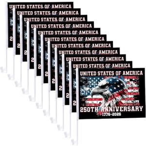 Chumia 12 Sets 250th Anniversary USA Car Window Flag 16.9 x 11.8 Inch Patriotic Clip Flag with Eagle Design Red White Blue Retro American Banner Decor for 4th of July Independence Memorial Day