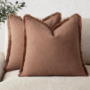 Foindtower Set of 2 Decorative Linen Fringe Throw Pillow Covers Cozy Boho Farmhouse Cushion Cover with Tassels Soft Accent Pillowcase for Couch Chair Sofa Bed Living Home Decor,1818 Inch,Rust