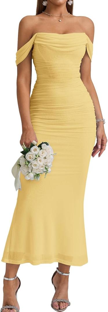 KUTUMAI Off The Shoulder Maxi Long Dress Corset Ruched Bodycon Cocktail Formal Wedding Guest Dresses for Women, XL