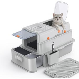 Soulbond Stainless Steel Cat Litter Box with Lid, Enclosed Large Metal Litter Box with Drawer and Flip Door for Big Cats, Top Entry, Odor Control, Easy to Clean (Light Grey)