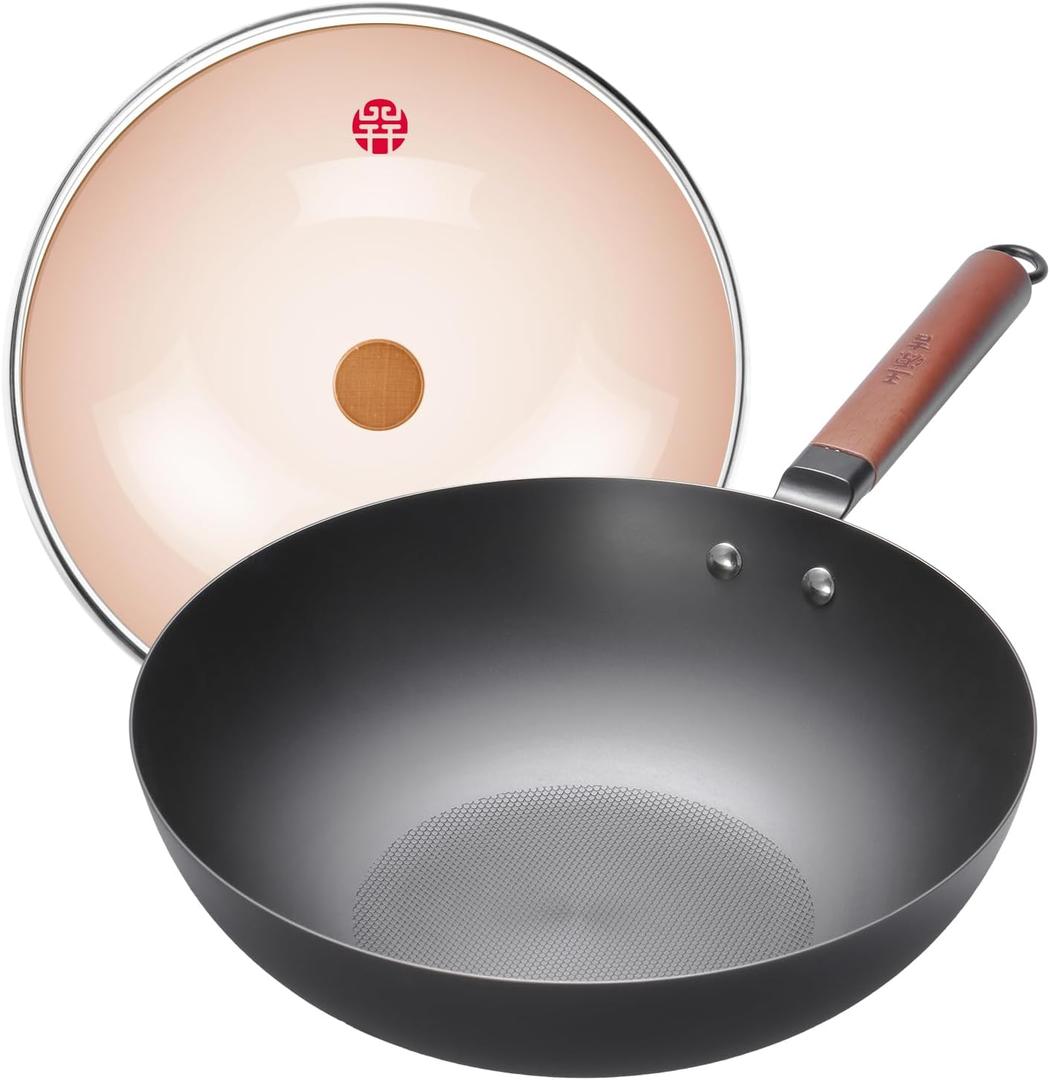 WANGYUANJI 12.6" Carbon Steel Wok Pan with Lid, Lightweight Stir Fry Pan with Flat Bottom, Induction Compatible Chinese Cookware for Electric, Gas & Glass Top Stoves, No Coating, 2.5lb