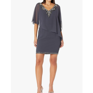 J byKara Women's V Neck Capelet Short Cocktail Floral Beaded Dress, Size 8