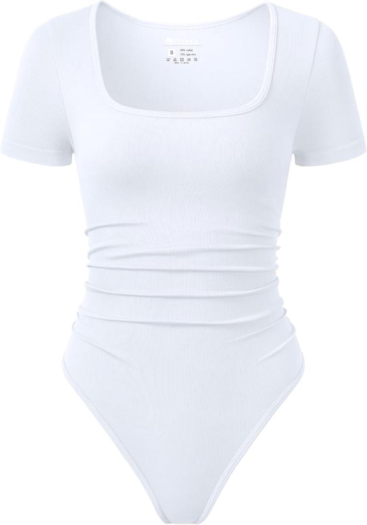OQQ Women Bodysuits Ruched Short Sleeve Square Neck Stretch Lounge Travel Bodysuits (White, S)