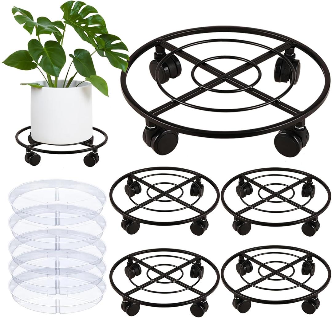 5 Packs Large Metal Plant Caddy 13.5" Heavy-duty Plant Dolly with PU Wheels Wrought Iron Rolling Plant Stand with Casters Indoor Outdoor Plant Pot Movers Planter Rollers Coaster Trolley, Black