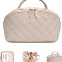 Makeup Bag, Quilted Makeup Bag, Puffy Travel Make up Bags, Cosmetic Organizer Bag, Waterproof Toiletry Bag for Women (Khaki)