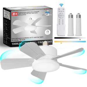 17" Socket Fan Light with Remote and 2 Socket Extenders, Wireless Screw in Ceiling Fans with Dimmable Lights, Up to 1200LM/6500K Light Bulb Fan for Kitchen Bathroom Garage Tool Room, White