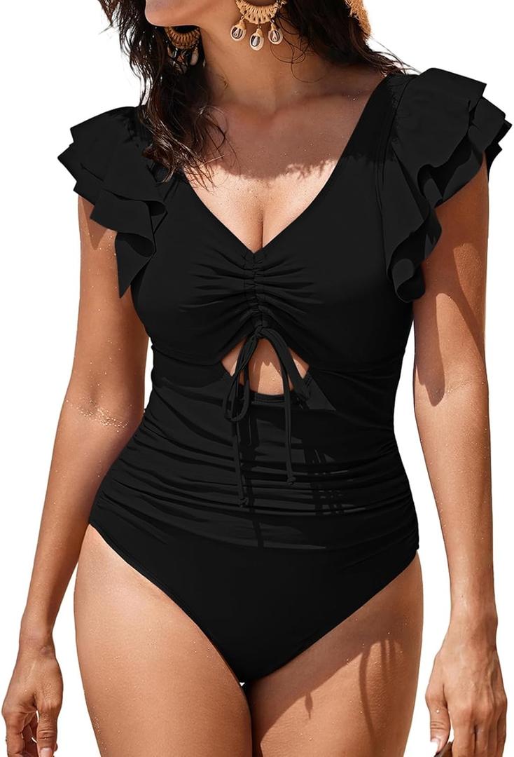 Sovoyontee Women's Ruffle One Piece Swimsuit Tummy Control Bathing Suits Drawstring Cutout V Neck Swimwear (Black, S)