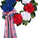 24 Inch Patriotic Front Door Wreath for July 4th Independence Day and Memorial Day, Artificial Red White Blue Hydrangea Wreath with USA Flag Printed Bow