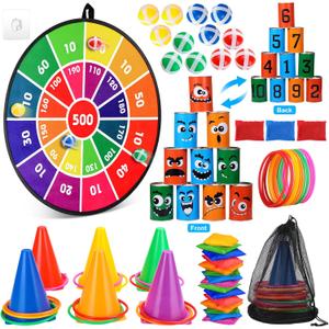 Hungdao 3 Sets Carnival Games Combo Set, Dart Board with Balls Plastic Cones Ring Bean Bags Toss Game for Boys Girls Adults Family Birthday Yard Indoor Outdoor(Vibrant Color, Fun Style)