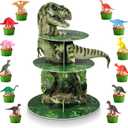 Censen 3 Tier Dinosaur Cupcake Stand Party Decorations Dinosaur Cupcake Holder 24 Pcs Dinosaur Figure Toys Cupcake Toppers Dinosaur Dessert Tower for Boys Dinosaur Jungle Theme Birthday Party Supplies