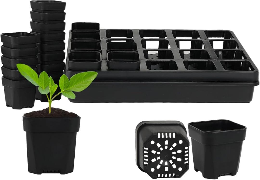 2 inch (5CM) Square Nursery Pots 20 PCS,1 Pack Planting Pots Moving Tray and 24 Cell Pots Carrier Holders for Planting Propagation Germination Plugs Indoor Gardening (Black)