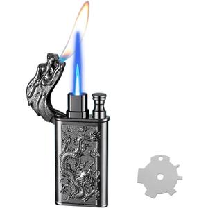Torch Lighter, Relief Dragon Design Magic Dual Flame Lighter with Adjusting Flame Tool, Creative Windproof Lighter, Cool Refillable Butane Lighter for Outdoor Indoor- Black Nickel Dragon