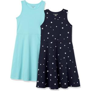 Amazon Essentials Girls and Toddlers' Knit Sleeveless Tank Play Dress, Pack of 2 (X-Large, Aqua Blue/Navy Stars)