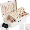 Jewelry Box Organizer for Women Girls 2 Layer Leather Travel Jewelry Storage Case with Lock and Removable Tray for Necklace Earrings Rings Bracelets Gift, Come with Polishing Cloth and Jewelry Bags (White)
