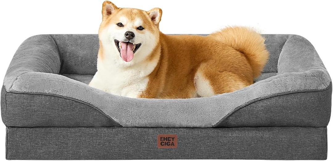 EHEYCIGA Orthopedic Dog Bed for Large Sized Dog, 36x27x7 Inch Large Memory Foam Dog Couch Bed with Sides, Waterproof Liner & Washable Removable Cover, Bolster Pet Sofa, Grey