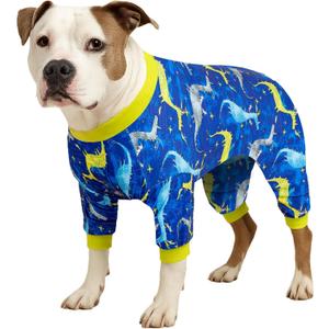 LovinPet Large Dog Pj - Pet Anxiety Calming Shirt, Dog Jammies for After Surgery, Lightweight Fabric, Blue Dragon Print, Pitbull Clothes, Long-Sleeved 4 Leg Style Pullover Dog Onesie, Dark Blue XL (Red)
