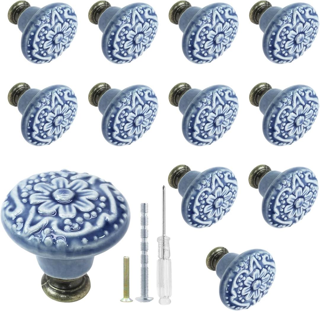 Biaungdo 12 Pcs Light Blue Vintage Round Ceramic Cabinet Knobs and Pulls for Drawer, Cupboard, Closet Door