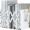 Kingsmile Book Ends, Adjustable Bookends for Shelves, Metal Bookends for Heavy Books, Book Stopper Organzier with Pen Holder for Desk, Kids Room, Office, Classroom, Library, Study Room.(White)