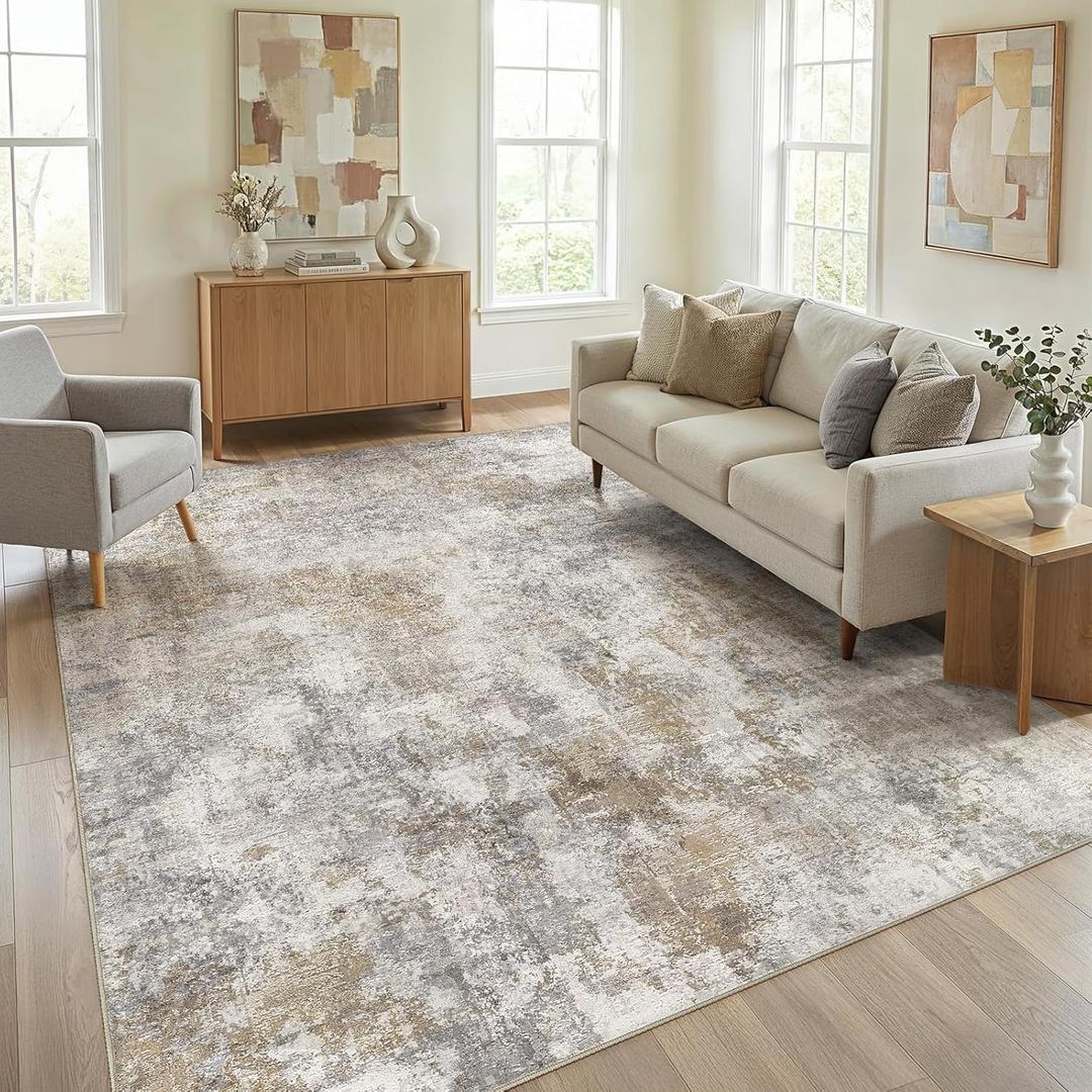 WITSHOCK Area Rugs 8x10 Living Room Rug - Washable Neutral Soft Low Pile Non-Slip Modern Abstract Thin Large Indoor Carpet for Bedroom Dining Room Nursery Office - Light Brown Grey