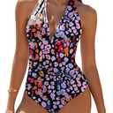 AI'MAGE Women's One Piece Swimsuit Tummy Control Halter Ruched Deep V Neck Bathing Suits Size S