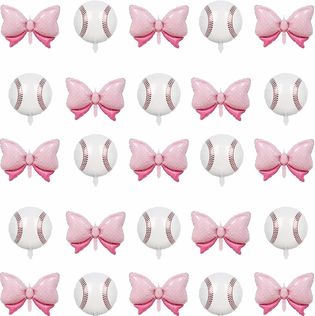 25pcs Gender Reveal Party Balloon, 13Pcs Mini Pink Bow Foil Balloons 12Pcs Foil Baseball Balloons for Baseball or Bows Gender Reveal Party Decorations Supplies