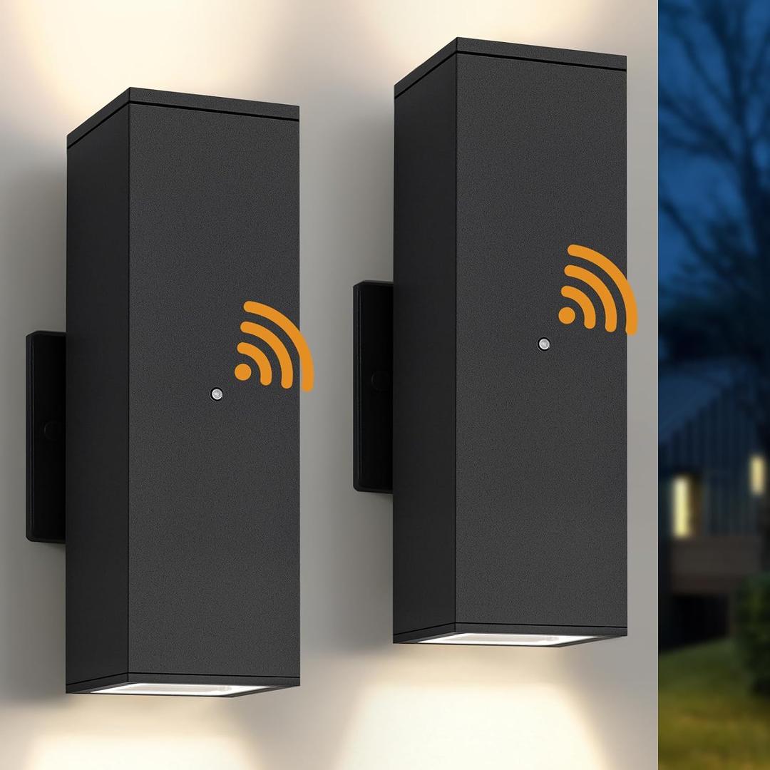 Dusk to Dawn Outdoor Lighting, LED Square Up and Down Outdoor Sconce Lights, Matte Black Exterior Lighting Fixtures with 7W LED Bulbs, Front Porch Lights for house, Garage, Patio, Doorway, 2 Pack