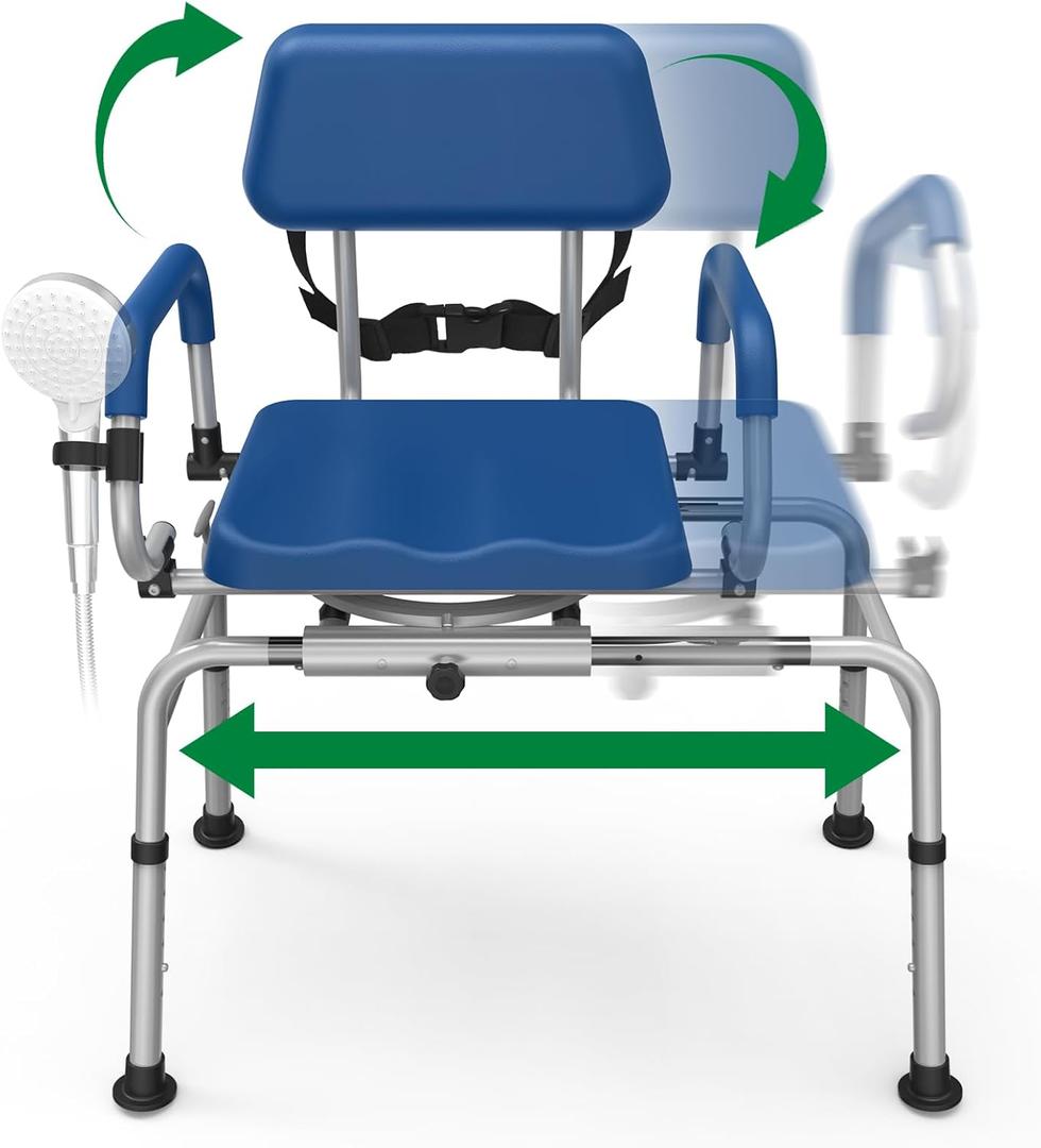 FSA/HSA Eligible Sliding Shower Chair Tub Transfer Bench for Bathtub with Swivel Seat, Padded Shower Bench with Pivoting Arms, Height Adjustable Shower Seat, 350 lbs, Blue, Standard