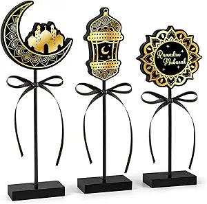 Hedeey 3 Pieces Ramadan Decorations Eid Mubarak Table Decor Wooden Set, Islamic Ramadan Tiered Tray Decor for Muslim Party Tabletop Decor Home (Classic)