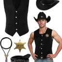 5 Pcs Western Outfits for Men Cowboy Suede Leather Vest Hat Necktie Buckle Belt Sheriff Badge for Halloween Costume (Medium, Black)