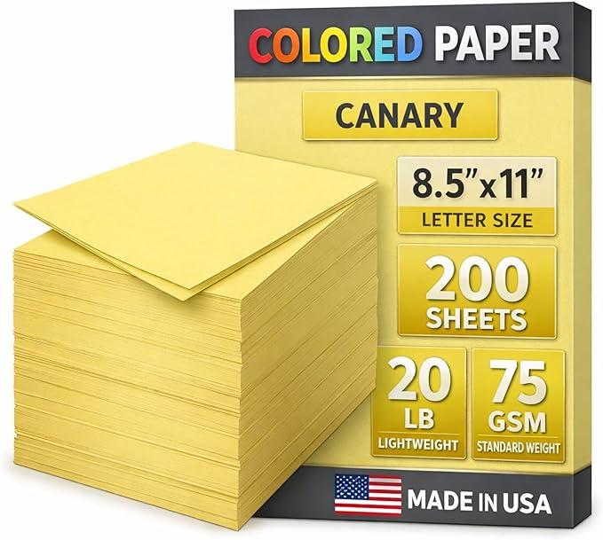 Woodlake Yellow Colored Paper 8.5 x 11 Letter Size, 20 lb 75 GSM Multi-Purpose Printer Paper, 200 Sheets, Jam-Free Copy Paper for Inkjet and Laser Printers, Made in USA