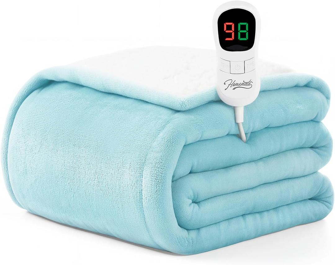 Homemate Heated Blanket Electric Throw - 50"x60" Heating Blanket Throw 1/2/4/6/8 Hours Auto-Off 10 Heat Level Over-Heat Protection Flannel Sherpa ETL Certification