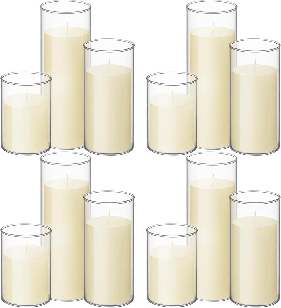 12 Pillar Candles W Vases,3.4''x 4.7'', 7'', 9.8'',Ivory White