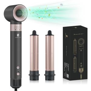 Hair Dryer Hot Air Styler: High-Speed Blow Dryers with Negative Ionic for Fast Drying Frizz Control, Extra Long Barrel 1 1/4 Inch Curling Iron Airflow Auto Wrap Curler for Quick Styling (Black)