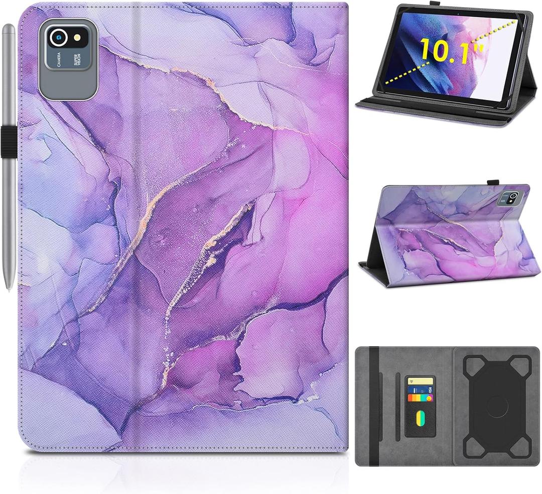 DETUOSI Universal 10 inch Tablet Case for ECOPAD TH-KK12C, Aiprotablet K10, MEIZE D115, Jeazans KT1016, COLORROOM CP30 10.1" Tablet, Folio Leather Protective Cover,2-Angle Viewing Stand,3 Card Slots (Purple marble)