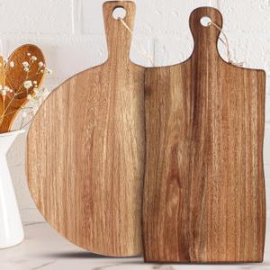 Hsei 2 Pcs Acacia Wood Cutting Board with Handle Wooden Charcuterie Board Large Paddle Carving Chopping Set Butter Serving Tray for Cheese Meat Fruit Bread (Irregular Style,16x12,16.5x8.27 Inch)