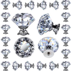 DEELF 24 Packs Kitchen Cabinet Knobs, 40 mm Crystal Cabinet Knobs, Diamond Dresser Handle Drawer Pulls, Dresser Knobs for Cabinets and Drawers, Silver Base