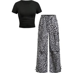 RoseSeek Girl's 2 Piece Summer Outfits Short Sleeve Ruched Basic Tess and Camo Cargo Pants Sets Trendy, Size: 12 Years