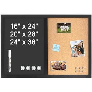 4 THOUGHT Chalkboard Corkboard Combo, 24" x 16" Bulletin Cork Board Magnetic Chalk Board for Wall Combination Board Black Frame Double Use Black Board Cork Board 1 Marker 4 Magnets 10 pins