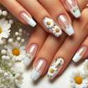 BABALAL Press on Nails Long Coffin Fake Nails White French Tip Glue on Art Daisy 24Pcs DIY False Acrylic Nails Supplies Ballerina Glossy Summer Spring Manicure Artificial