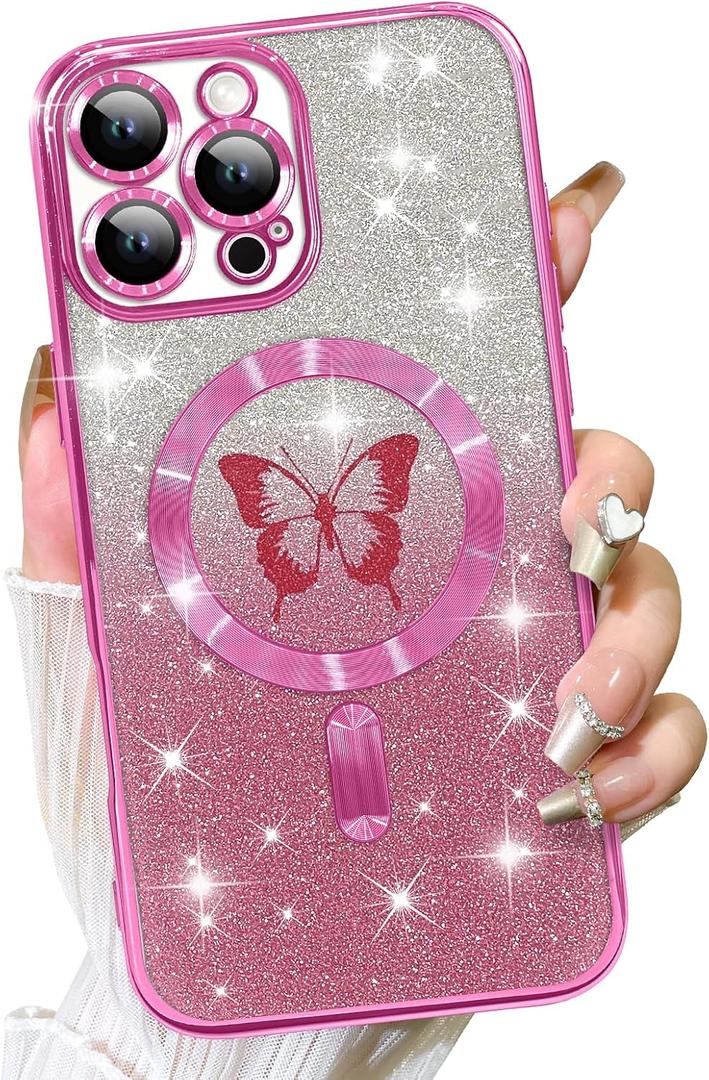 Fiyart Designed for iPhone 16 Pro Max Case,Compatible with MagSafe Plating Camera Protection Butterflies Phone Cover, Magnetic Glitter for Women Girls Shockproof Bumper 6.7"-Rose Purple